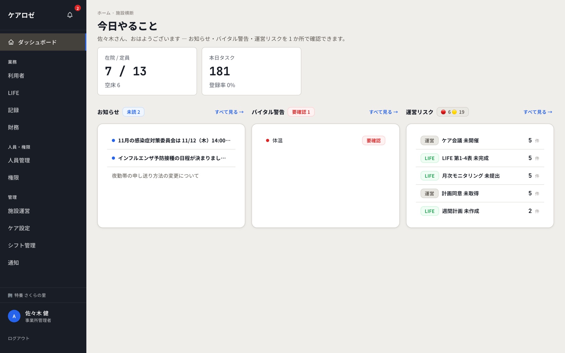 PC の「今日やること」画面。在籍数、本日のタスク、お知らせ、バイタル警告、運営リスクの一覧